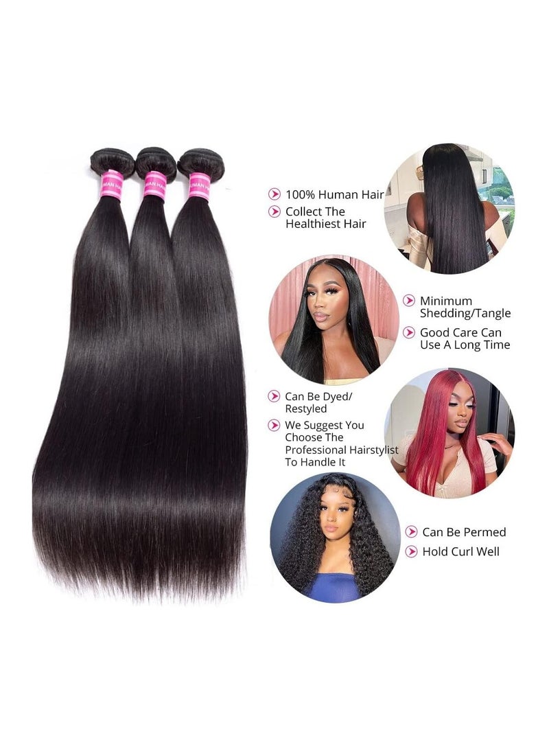 إستيل 3 حزم من الشعر البشري بدرجة 10A مع حزم شعر مستقيمة للإغلاق (20 22 24+18 بوصة) 100% حزم شعر بشري عذراء برازيلي غير معالج مع إغلاق لحمة مزدوجة لون طبيعي - Image 2