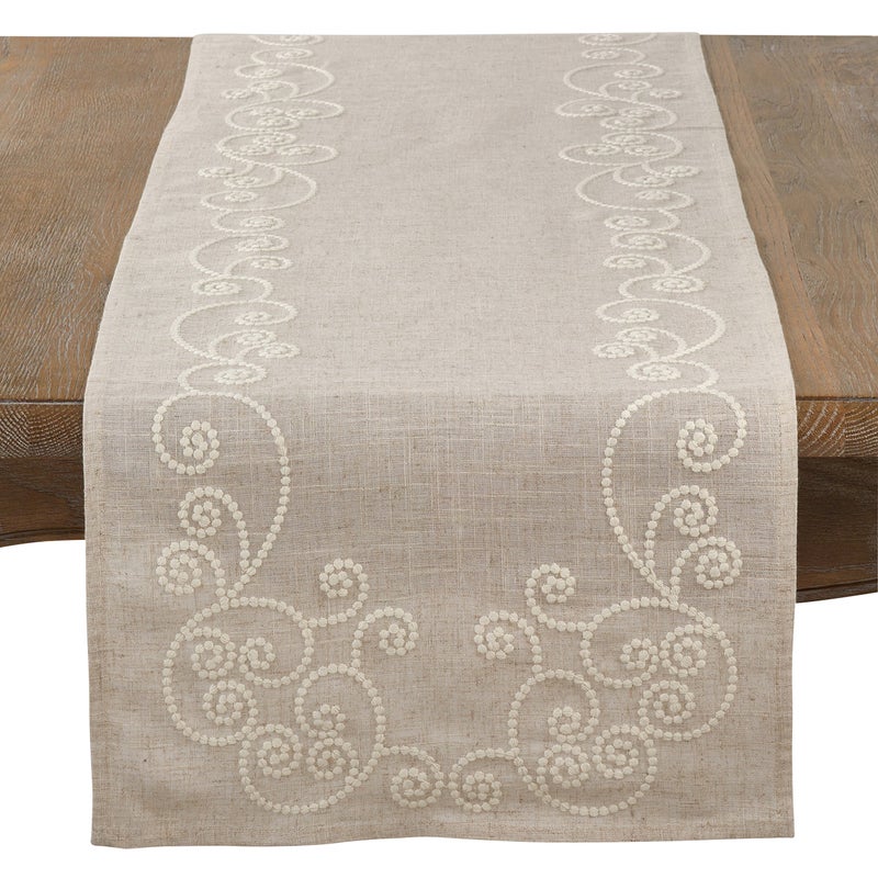 SARO LIFESTYLE Embroidered Swirl Design Linen Blend Table Runner 16 x 72 Natural