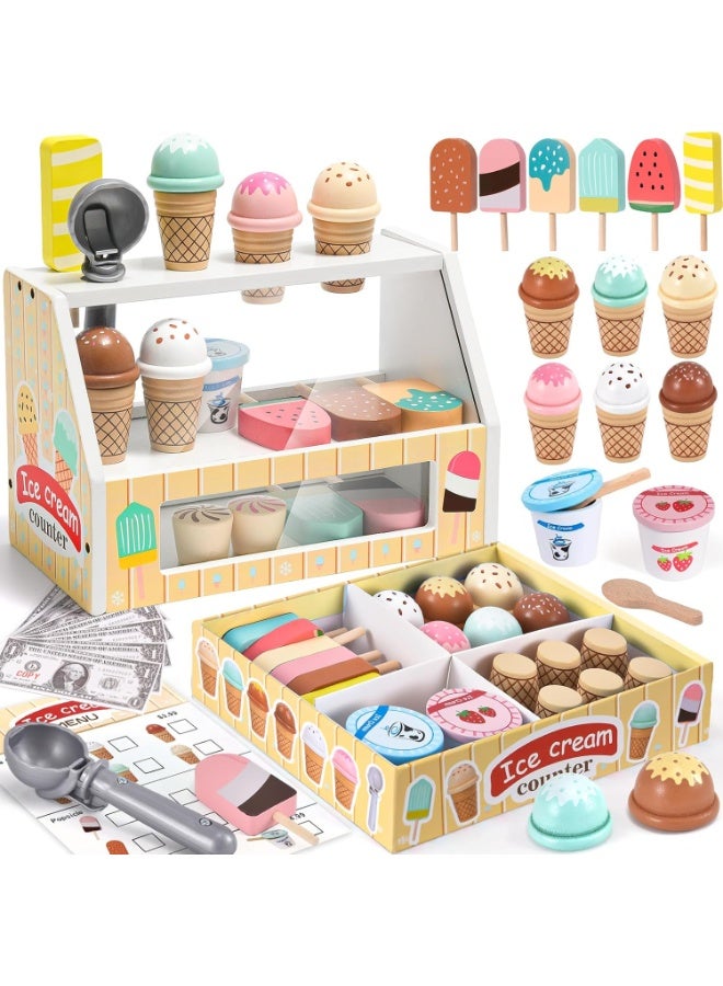 Wooden Ice Cream Toys Kids Pretend Play Store Toys for Toddlers Girls 3 4 5 6, Wooden Food Christmas Birthday Gifts Play Kitchen Accessories for 2 3 4 5 Year Old Girls Boys - Image 1