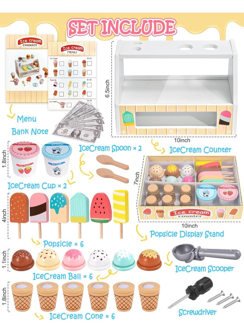 Wooden Ice Cream Toys Kids Pretend Play Store Toys for Toddlers Girls 3 4 5 6, Wooden Food Christmas Birthday Gifts Play Kitchen Accessories for 2 3 4 5 Year Old Girls Boys - Image 2
