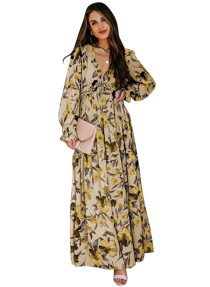 Loquat Thin Gauze Floral Long Sleeved Dress 