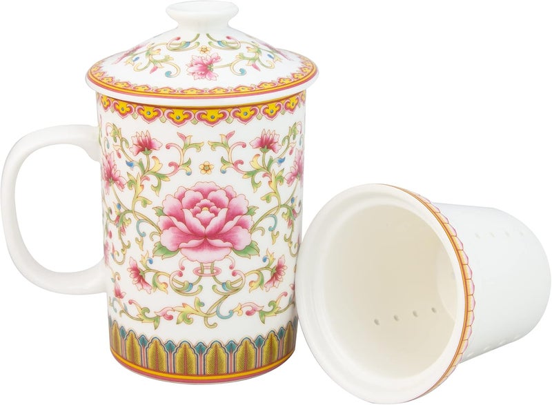 Grace Teaware Porcelain Pink Lotus 3Piece Tea Mug with Strainer  - Image 1