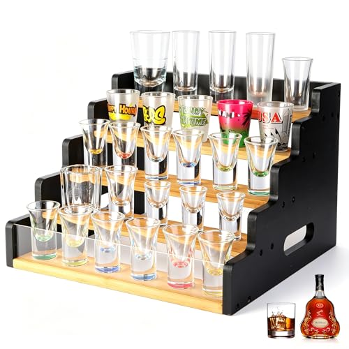 smocchy 5Tier Shot Glass Holder Wooden Shot Glasses Display Stand Shot Glasses Storage Organizer for Whiskey Tequila Vodka Storage Holder for Birthday Christmas Halloween Bar Easter - Image 1