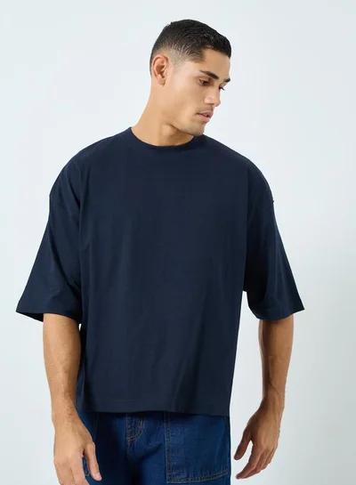 Styli Men Navy Crop Boxy Fit Jersey T-Shirt