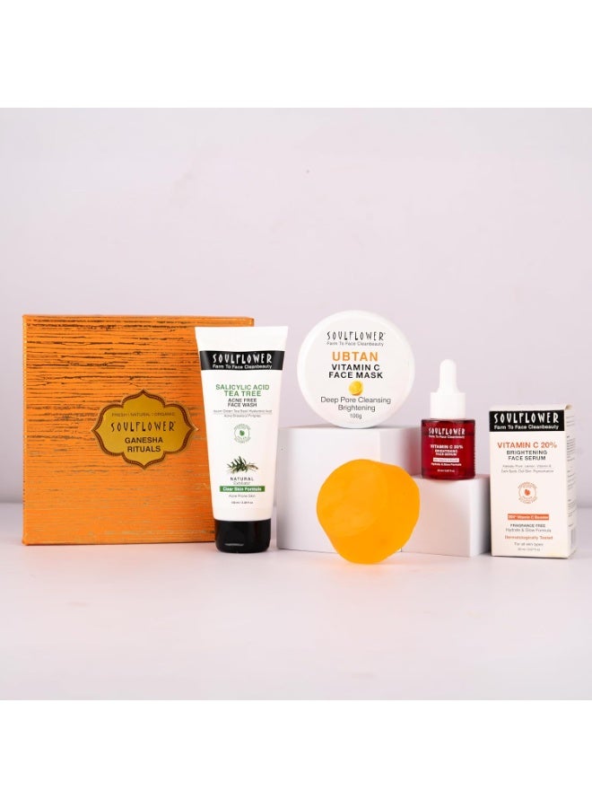 Soulflower Radiant Glow Rituals – Vitamin C Skincare Gift Set with Face Serum 20ml, Ubtan Mask 100g, Tea Tree Face Wash 100ml & Soap | Rakhi Gift for Glowing Skin - Image 1