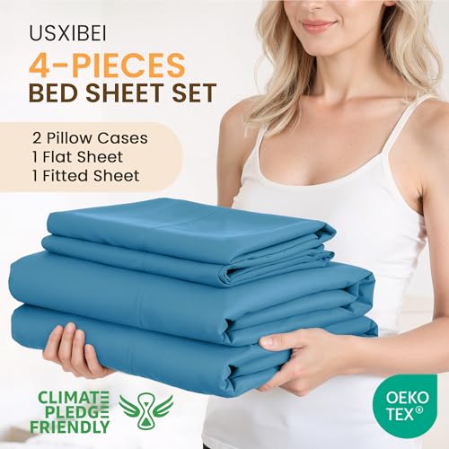 USXIBEI Queen Size 4 Piece Bed Sheet Set Ultra Imitation CottonPremium Breathable Cooling Sheets Hotel Luxury Bed Sheets Deep Pocket up to 15 Wrinkle FadeDenim Blue Queen - Image 3