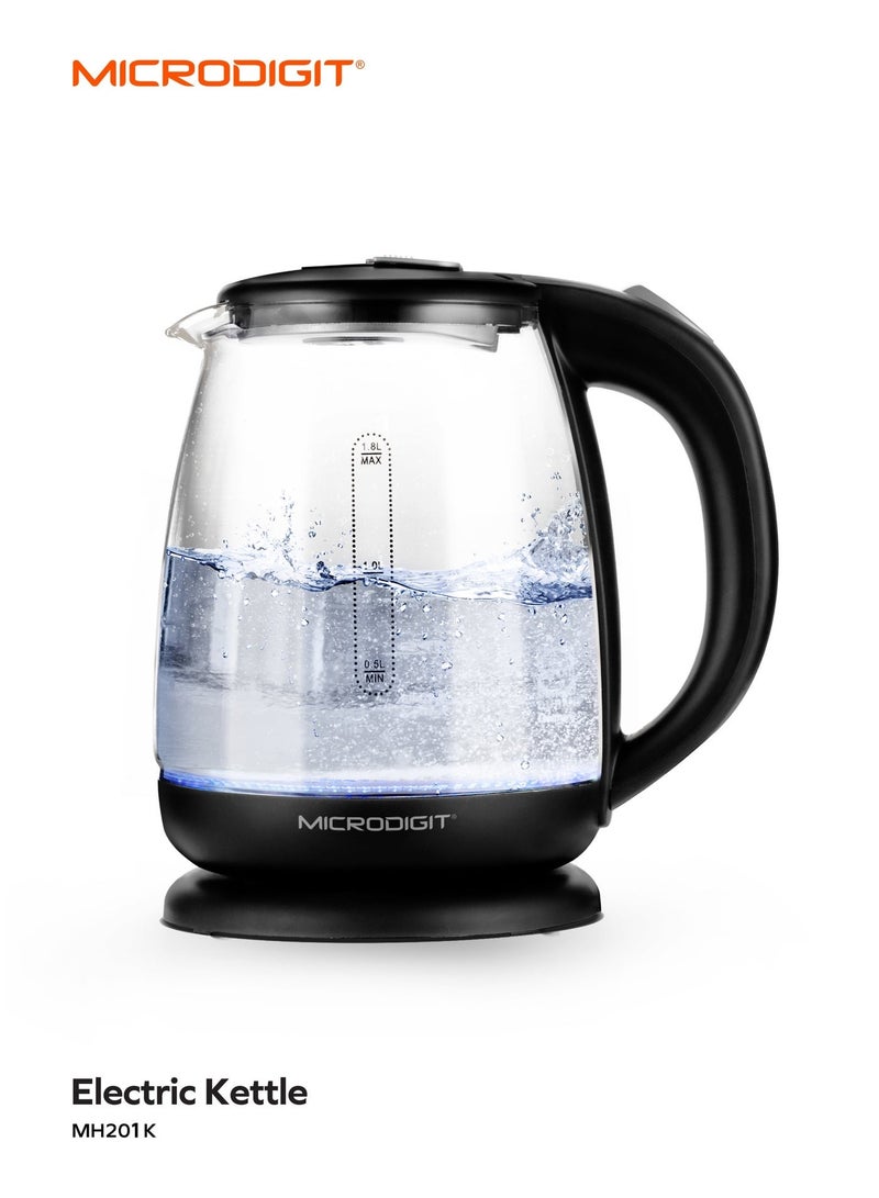 ميكرو ديجيت غلاية كهربائية زجاجية ممتازة، غلاية مياه بقدرة 1500 وات سعة 1.8 لتر، سهلة التنظيف والاستخدام، إيقاف تلقائي، مقبض بارد يعمل باللمس، إيقاف تلقائي وحماية من الغليان الجاف. مثالي للشاي والقهوة، زجاج أسود - Image 1