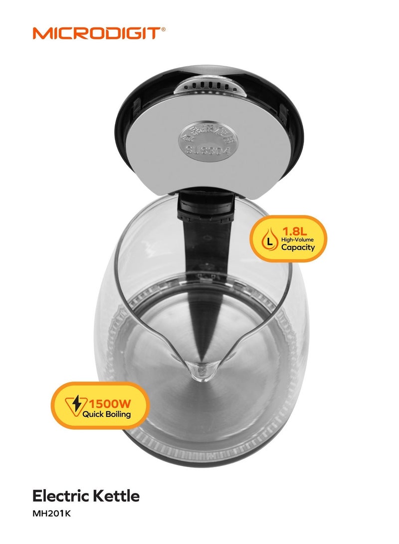 ميكرو ديجيت غلاية كهربائية زجاجية ممتازة، غلاية مياه بقدرة 1500 وات سعة 1.8 لتر، سهلة التنظيف والاستخدام، إيقاف تلقائي، مقبض بارد يعمل باللمس، إيقاف تلقائي وحماية من الغليان الجاف. مثالي للشاي والقهوة، زجاج أسود - Image 3