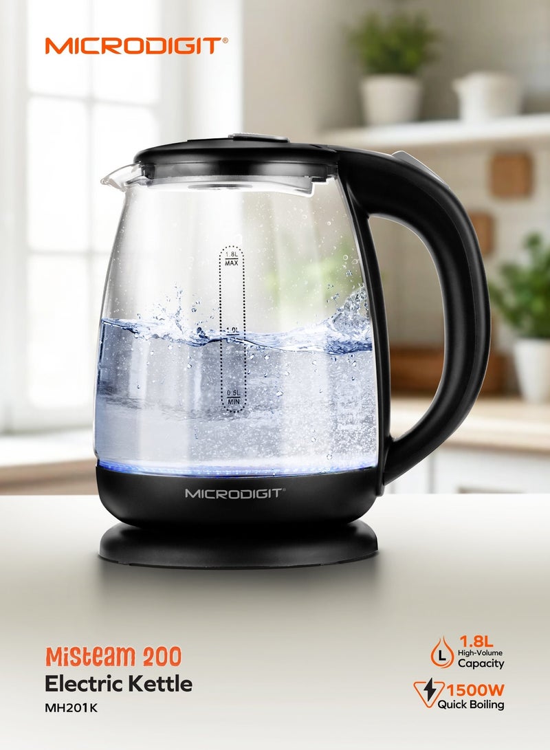 ميكرو ديجيت غلاية كهربائية زجاجية ممتازة، غلاية مياه بقدرة 1500 وات سعة 1.8 لتر، سهلة التنظيف والاستخدام، إيقاف تلقائي، مقبض بارد يعمل باللمس، إيقاف تلقائي وحماية من الغليان الجاف. مثالي للشاي والقهوة، زجاج أسود - Image 5