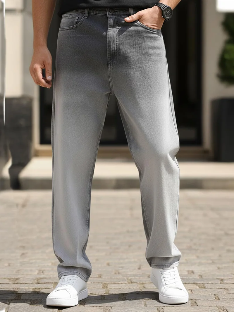 Urbano Fashion Men's Grey Loose Baggy Fit Heavy Washed Faded Denim Jeans Non-Stretchable