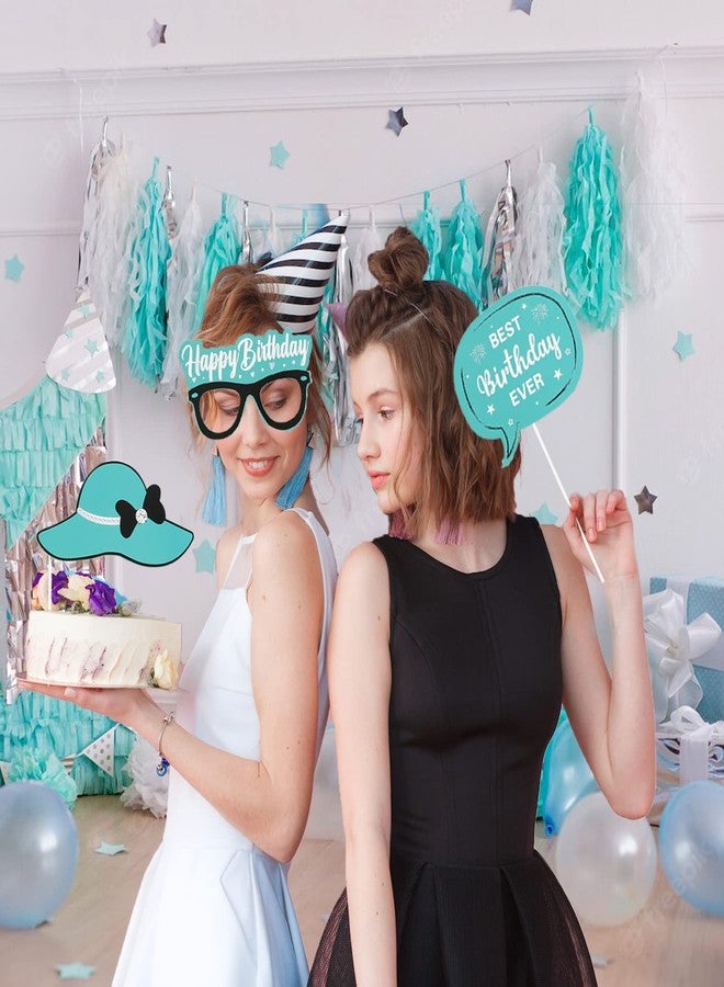Fangleland 24PCS Turquoise Birthday Photo Booth Props, Teal Blue Happy Birthday Decorations with Forever Young Selfie Picture Prop for Adults Party Supplies - Image 5