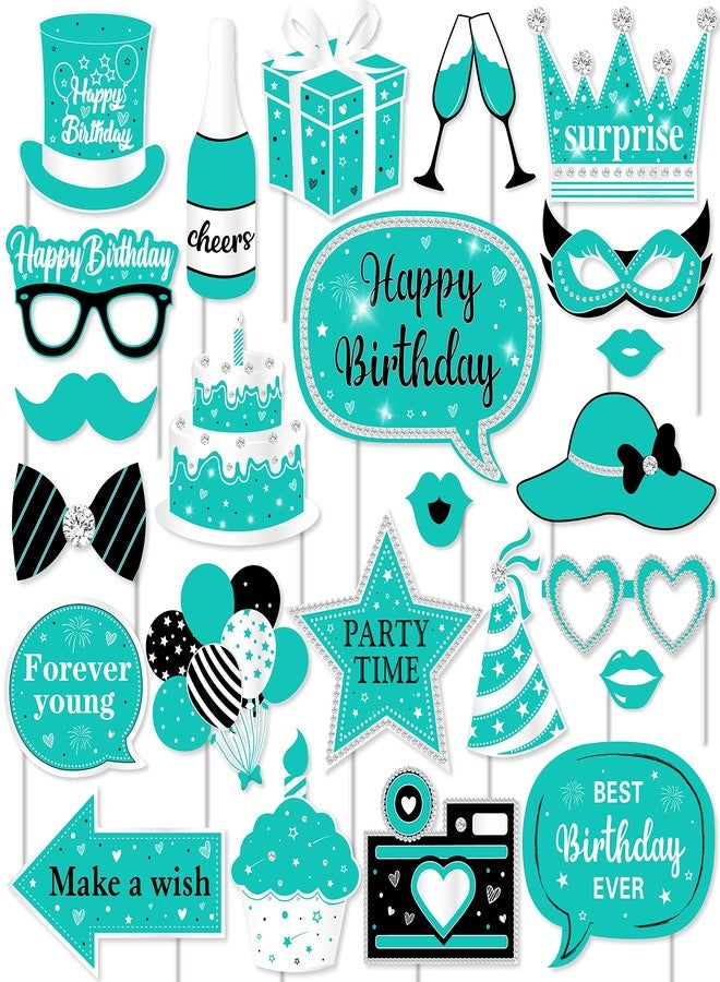 Fangleland 24PCS Turquoise Birthday Photo Booth Props, Teal Blue Happy Birthday Decorations with Forever Young Selfie Picture Prop for Adults Party Supplies - Image 1