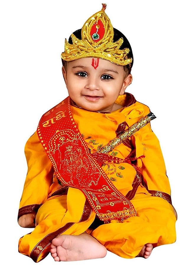 JMP Cotton Fabric Krishna Ethnic Wear Costume Dress for Boys (yellow)-(Pack of 5-kurta,dhoti,bansuri,mukut,patka)-(3-6) Month - Image 1