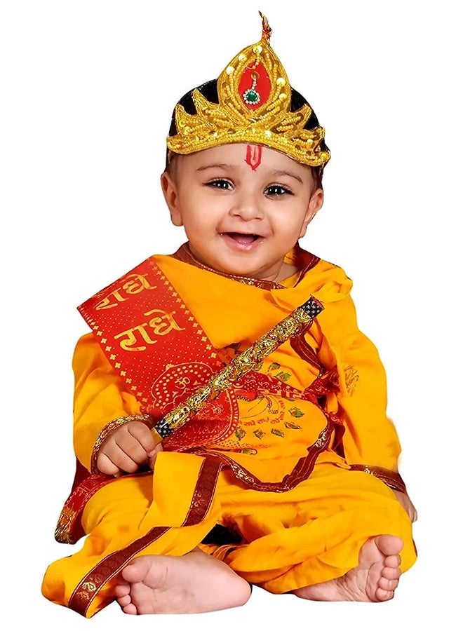 JMP Cotton Fabric Krishna Ethnic Wear Costume Dress for Boys (yellow)-(Pack of 5-kurta,dhoti,bansuri,mukut,patka)-(3-6) Month - Image 2