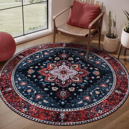 Ciicool 4ft Round Boho Area RugWashable Circle Rugs for Bedroom BedsideNonSlip Vintage Entryway Throw LowPile Indoor Carpet for Living Room Dining Room Kitchen - Image 1