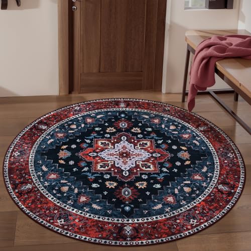 Ciicool 4ft Round Boho Area RugWashable Circle Rugs for Bedroom BedsideNonSlip Vintage Entryway Throw LowPile Indoor Carpet for Living Room Dining Room Kitchen - Image 3