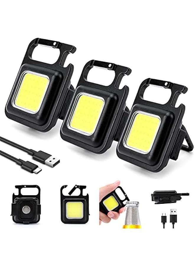 3PCS Led Mini Flashlight 500 High Lumens Rechargeable Cob Keychain Flashlights 4 Light Modes Portable Pocket Flashligh Led Small Flashligh with Folding Bracket Magnet and Bottle Opener  - Image 1