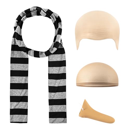 Biwisy 4 Pcs Adults Costume Accessories Set Black Gray Striped Scarf Fake Nose Latex Bald Head Wig Cap Cosplay Classic Characters Gru Halloween Party Set - Image 1