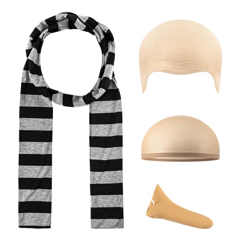 Biwisy 4 Pcs Adults Costume Accessories Set Black Gray Striped Scarf Fake Nose Latex Bald Head Wig Cap Cosplay Classic Characters Gru Halloween Party Set - Image 2