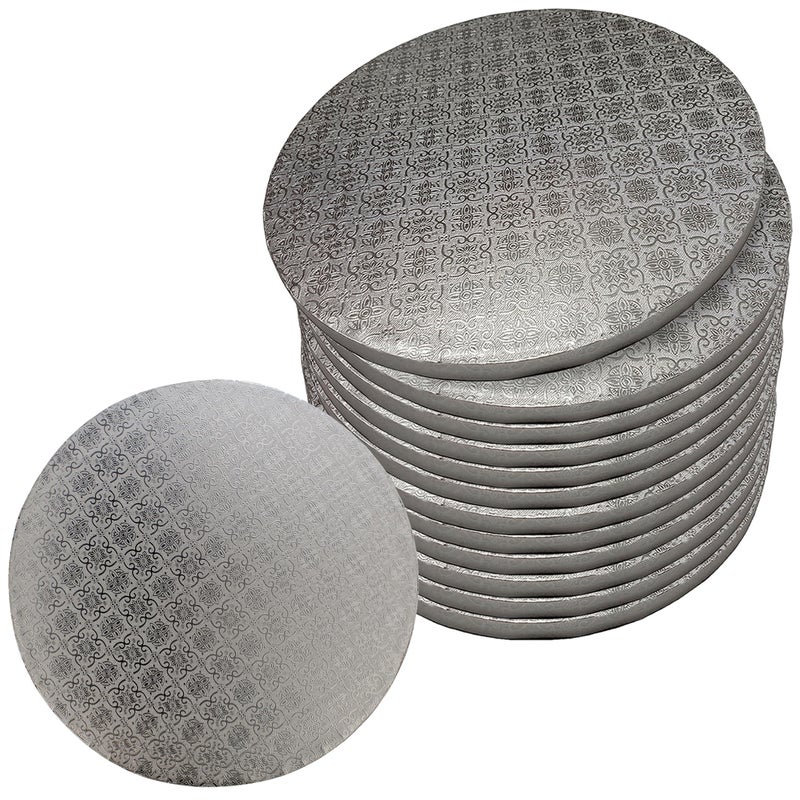 Spec101 Round Cake Boards Bulk 12pk 12 Inch Cake Drum Round Silver Cardboard Base with 12 Inch Thick Smooth Foil Edge