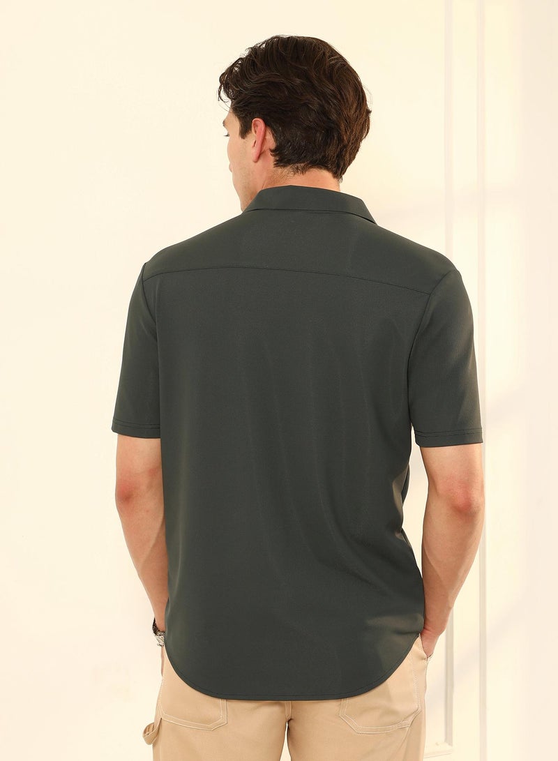 Campus Sutra Campus Sutra Men's Sacramento Green Seamless Waffle-Knit Shirt | Slim Fit Short Sleeve Spread Collar Solid Pattern | Nylon-Blend Breathable Fabric For Streetwear & Everyday Comfort  - Image 5