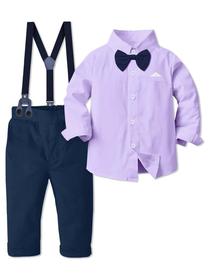 SANGTREE Toddler Baby Boy Dress Clothes Long Sleeve Bowtie Shirts Suspenders Pants Gentleman Outfit Suits Kid, Lavender Tag 140 = 5-6Y - Image 1