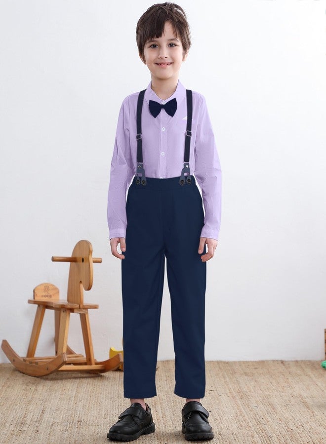 SANGTREE Toddler Baby Boy Dress Clothes Long Sleeve Bowtie Shirts Suspenders Pants Gentleman Outfit Suits Kid, Lavender Tag 140 = 5-6Y - Image 3