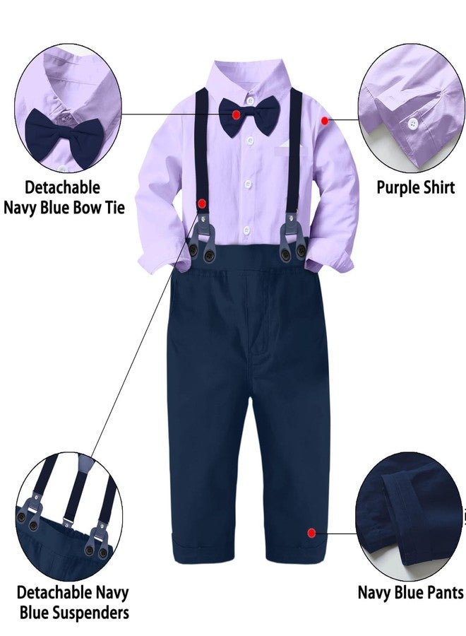 SANGTREE Toddler Baby Boy Dress Clothes Long Sleeve Bowtie Shirts Suspenders Pants Gentleman Outfit Suits Kid, Lavender Tag 140 = 5-6Y - Image 2