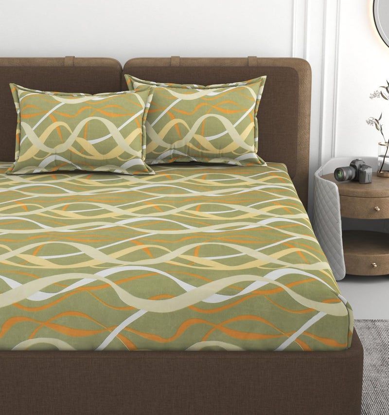 VOMZER 300 TC Cotton Feel All Around Elastic Fitted Queen Size Printed Bedsheets, Supersoft Elastic Fitted Double Bedsheet with 2 Pillow Covers, Size 60x78x8 Inches White - Image 1