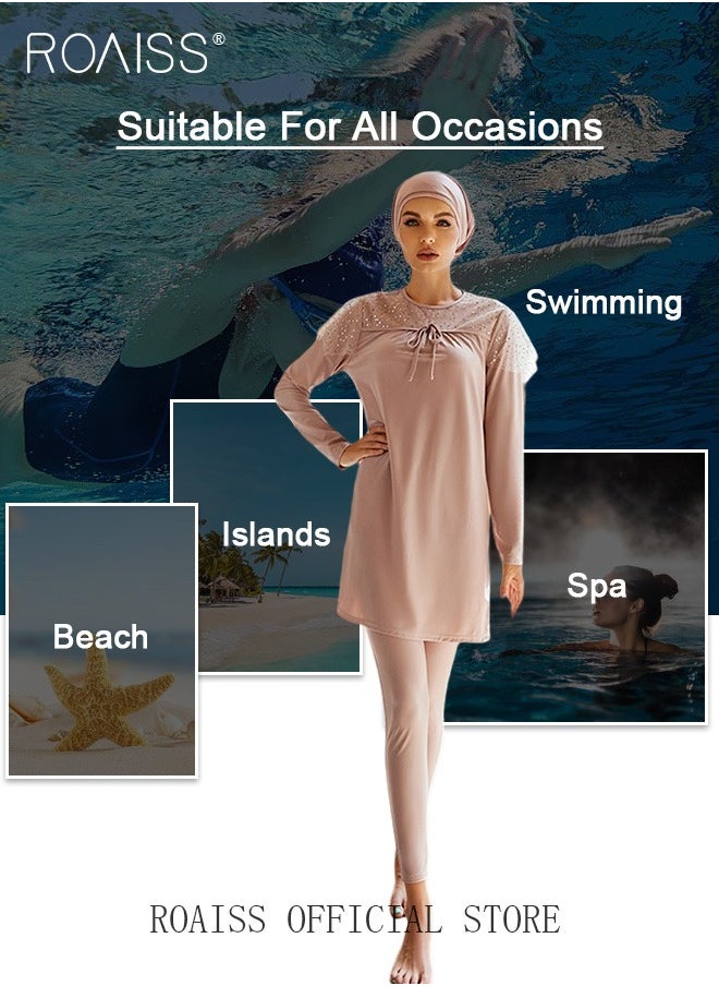 roaiss - 3 Pieces Muslim Fashion Ladies Swimwear Islamic Slim Three-piece Swimsuit Elasticity Sun Protection Fully Covered Burkini Arab Modest Swimming Clothes for Women - Image 1