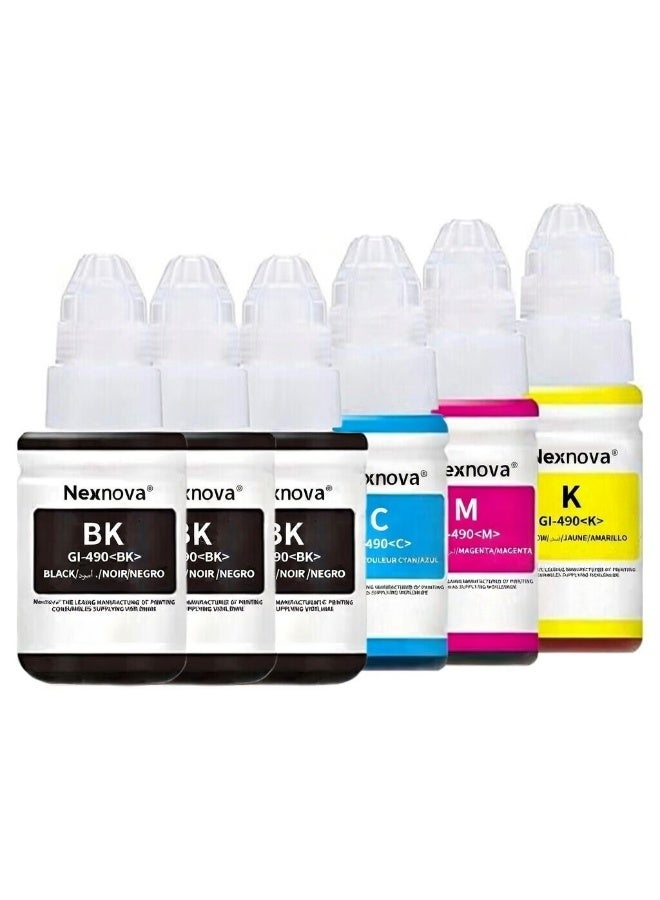 NexNova® ink Set for Canon 490 (6-Pack Black*3 Cyan Magenta Yellow) Ink for GI 490 for PIXMA G3400 G2400 G1400 G4400 G1411 G2411 G3411 G4411 G4410 G3410 (1, 3BK/C/M/Y) - Image 1