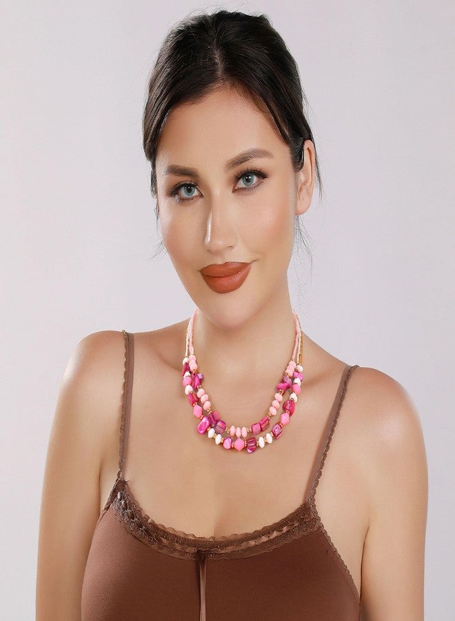 Coiris Layered Shell Beaded Necklaces for Women Handmade Boho Pink Bead Choker Necklace Holiday Style Costume Jewelry for Women(N0144-Pink) - Image 3