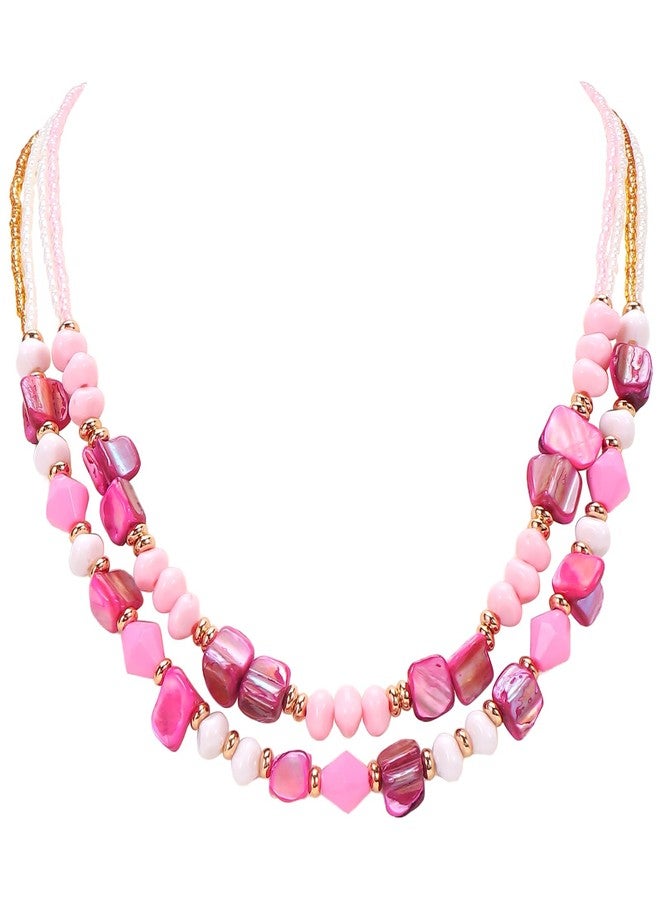 Coiris Layered Shell Beaded Necklaces for Women Handmade Boho Pink Bead Choker Necklace Holiday Style Costume Jewelry for Women(N0144-Pink) - Image 1