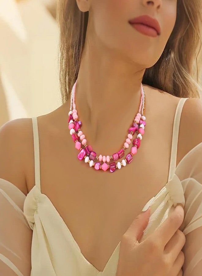 Coiris Layered Shell Beaded Necklaces for Women Handmade Boho Pink Bead Choker Necklace Holiday Style Costume Jewelry for Women(N0144-Pink) - Image 2