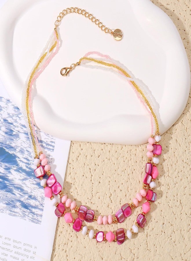 Coiris Layered Shell Beaded Necklaces for Women Handmade Boho Pink Bead Choker Necklace Holiday Style Costume Jewelry for Women(N0144-Pink) - Image 5