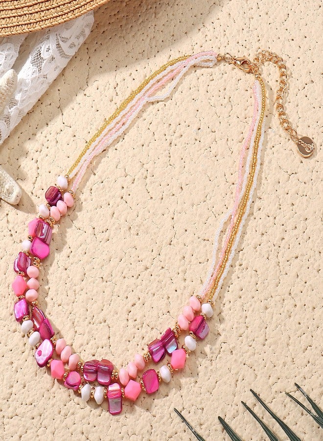 Coiris Layered Shell Beaded Necklaces for Women Handmade Boho Pink Bead Choker Necklace Holiday Style Costume Jewelry for Women(N0144-Pink) - Image 4