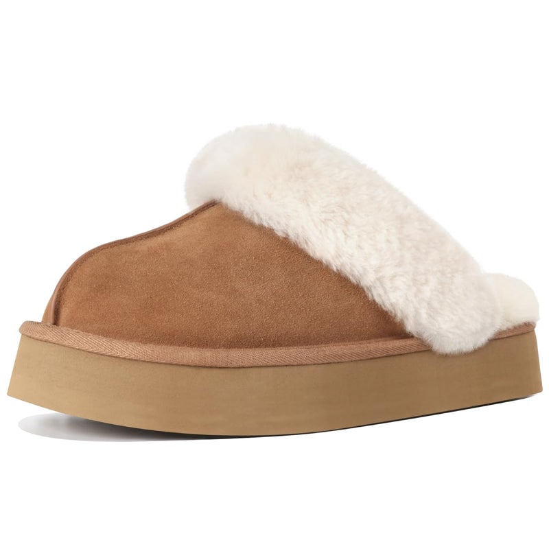 OOW Fuzzy Platform Slippers for Women Cozy Womens Platform Slippers Winter House Slippers for Women Indoor and Outdoor Chestnut