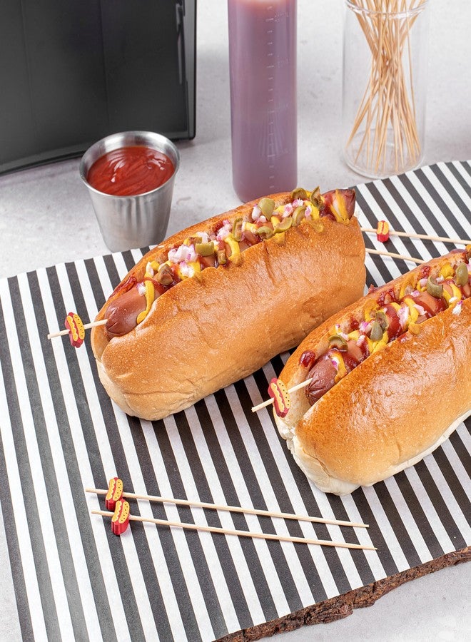 ريستورنت وير أدوات المطاعم - أسياخ هوت دوغ خشبية بطول 6 بوصات، 100 عود سندويشات للاستخدام مرة واحدة - مزينة برسومات كرتونية للهوت دوغ، مستدامة، أعواد طعام مزخرفة من الخيزران، للحفلات أو النزهات - Image 3