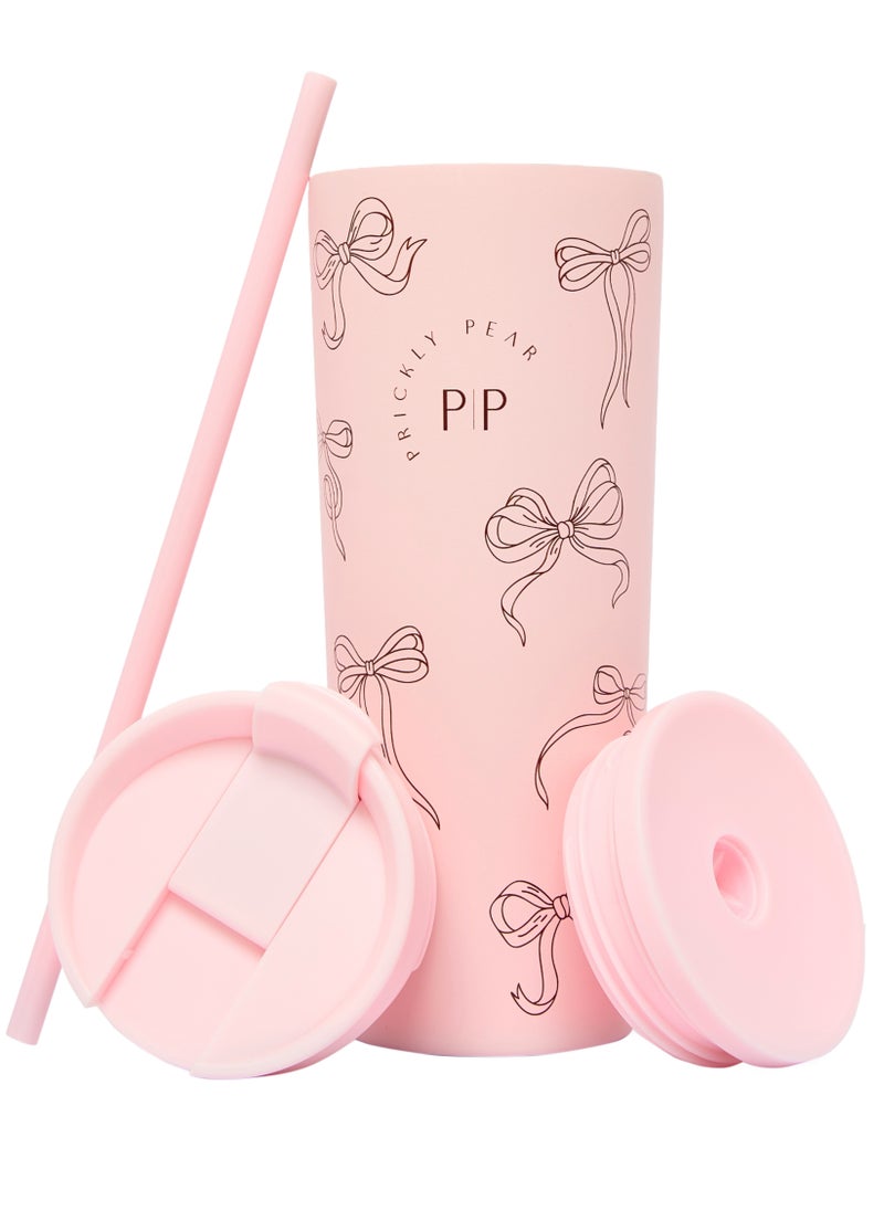 Prickly Pear Stainless Steel 24 Oz 2 in 1 Water Bottle With Straw And Travel Cup, Pretty Bows Design  - Image 1