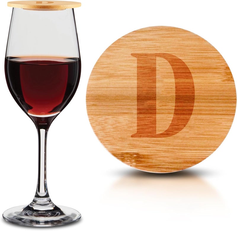 AUTOMIRE Personalized Wine Glass Charcuterie Topper  Custom Laser Engraved Initial Bamboo Wine Glass Topper Stopper Coasters Plate ID Identification Wine Glass Charcuterie Board Topper Letter D - Image 1