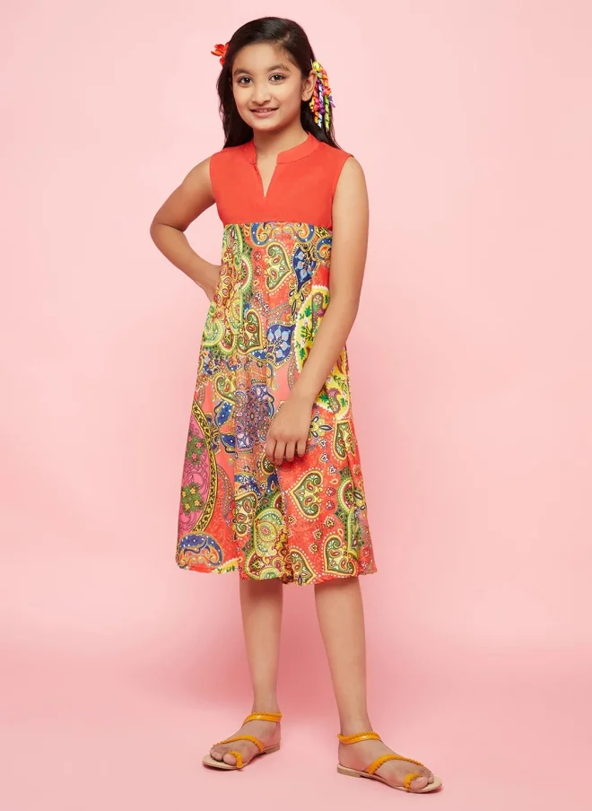 أيه كيه إس Red Floral Printed Empire Dress for Girls