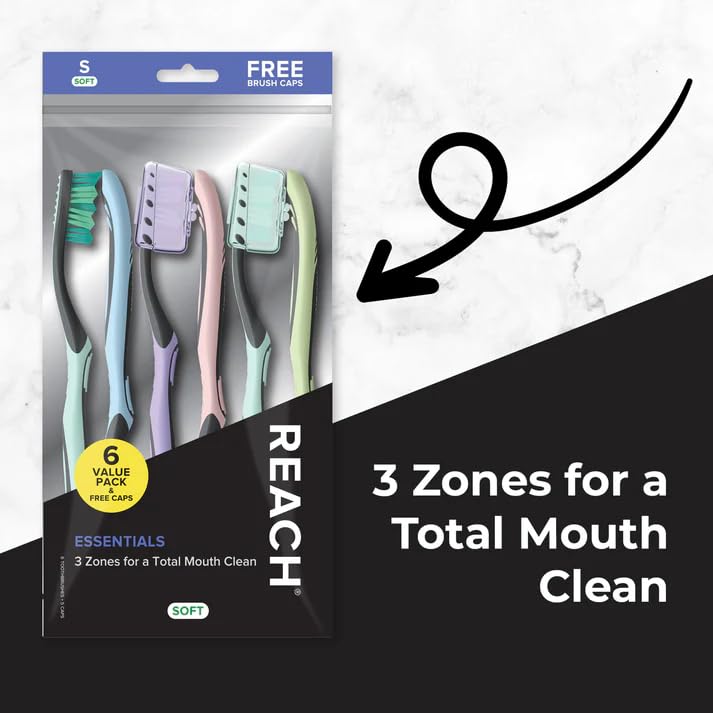 Reach Essentials Toothbrush with Toothbrush Caps, Multi-Zoned Angled Soft Bristles, Contoured Handle, Tongue Scraper, 6 Count - Image 2