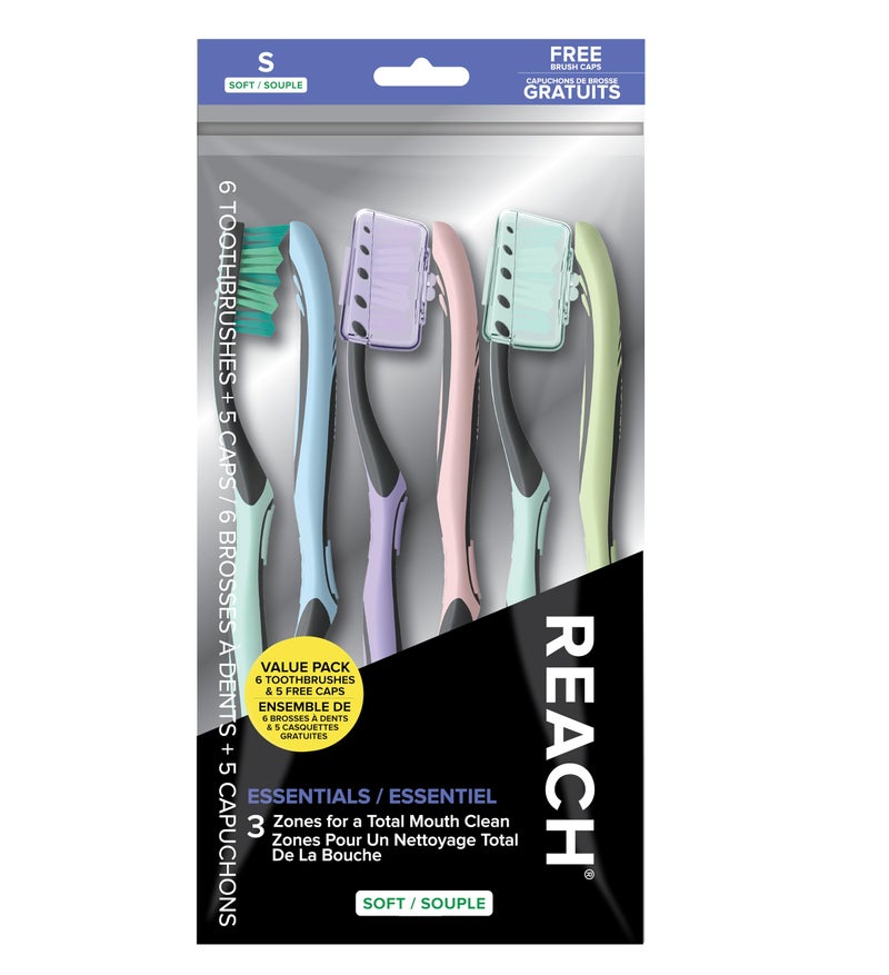 Reach Essentials Toothbrush with Toothbrush Caps, Multi-Zoned Angled Soft Bristles, Contoured Handle, Tongue Scraper, 6 Count - Image 1