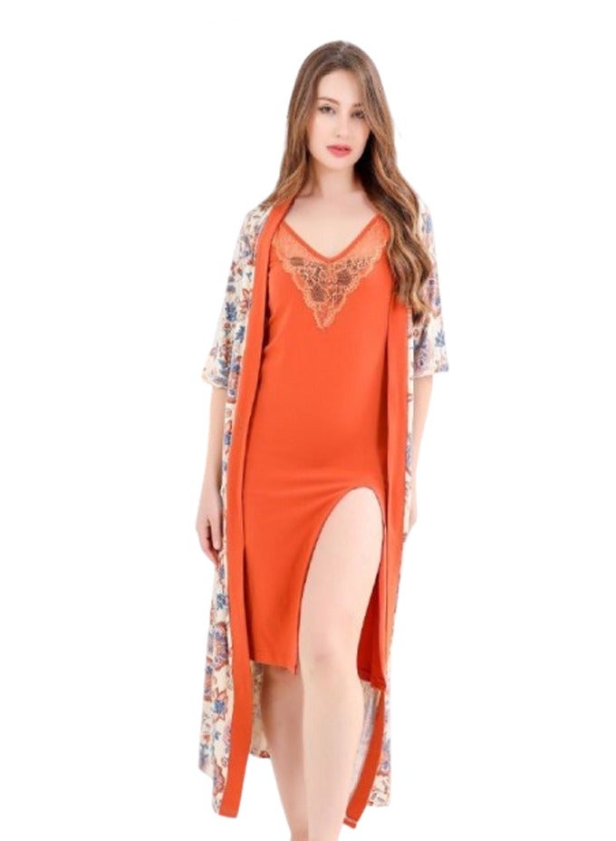 قميص بروب طويل بيتي حريمي - لون اورانج  - Image 3