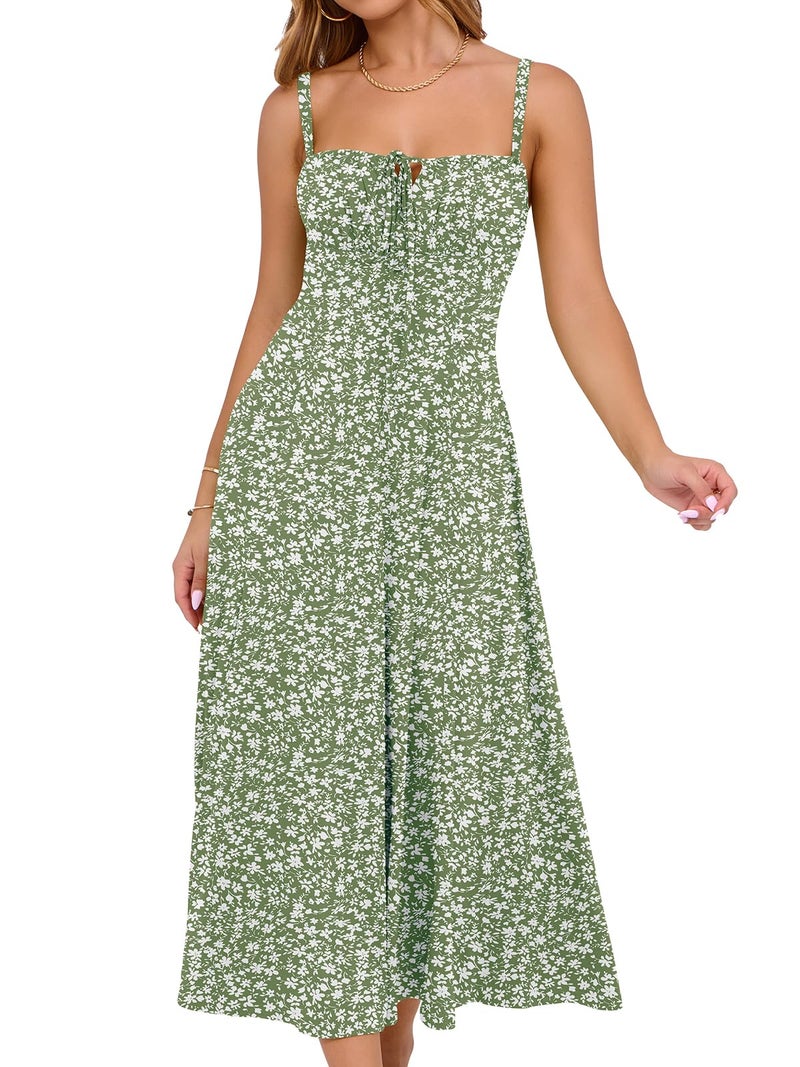 YATHON Midi Dresses for Women Wedding Guest Green Floral Milkmaid Corset Lace Up Flowy Cottage Core Beach Maxi Dresses (YT552-Green Floral 04,L) - Image 1