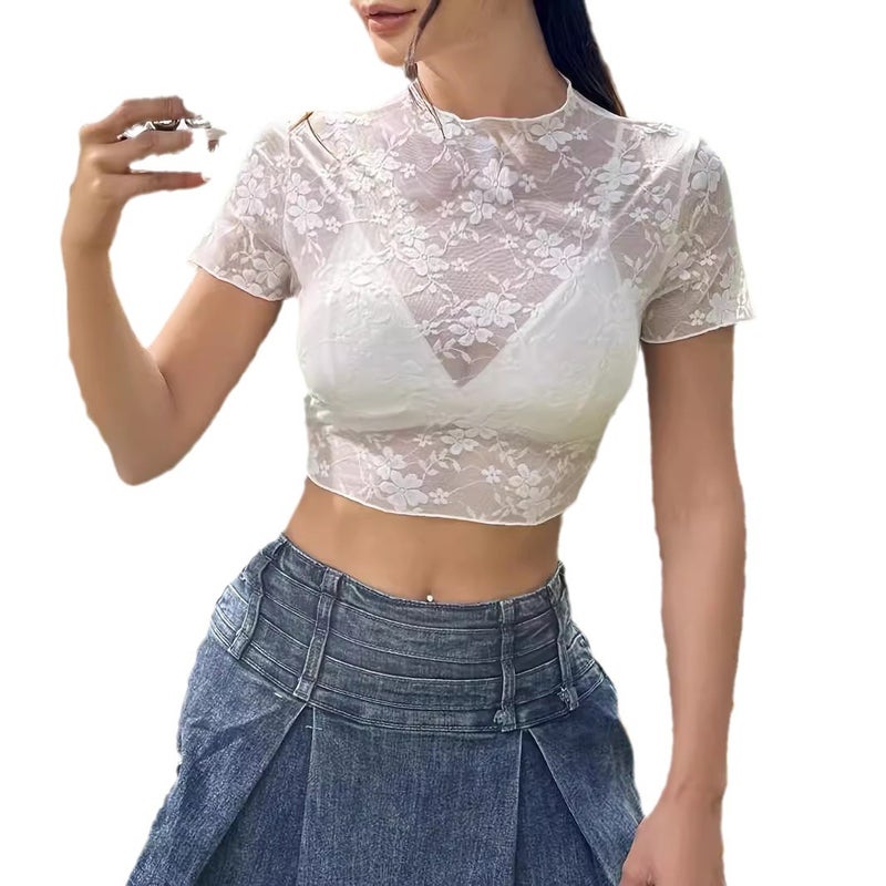 Women's Lace Trim Crop T-Shirt - Image 5
