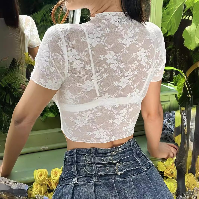 Women's Lace Trim Crop T-Shirt - Image 2
