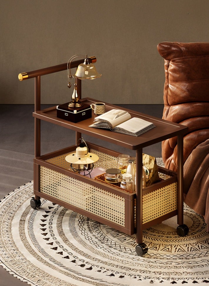 شو وو خزانة جانبية متحركة من الخشب الصلب بطابقين، عربة تخزين منزلية متدحرجة، طاولة جانبية عتيقة، طاولة جانبية للأريكة، طاولة قهوة، خزانة كتب، مكتب صينية أريكة بعجلات - Image 1