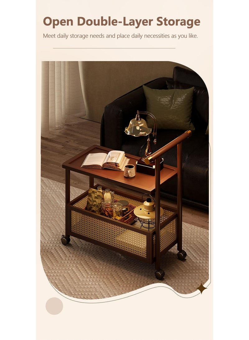 شو وو خزانة جانبية متحركة من الخشب الصلب بطابقين، عربة تخزين منزلية متدحرجة، طاولة جانبية عتيقة، طاولة جانبية للأريكة، طاولة قهوة، خزانة كتب، مكتب صينية أريكة بعجلات - Image 2