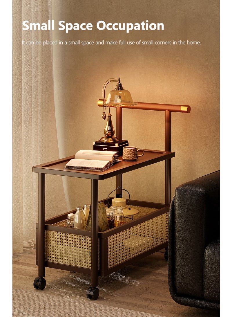 شو وو خزانة جانبية متحركة من الخشب الصلب بطابقين، عربة تخزين منزلية متدحرجة، طاولة جانبية عتيقة، طاولة جانبية للأريكة، طاولة قهوة، خزانة كتب، مكتب صينية أريكة بعجلات - Image 4